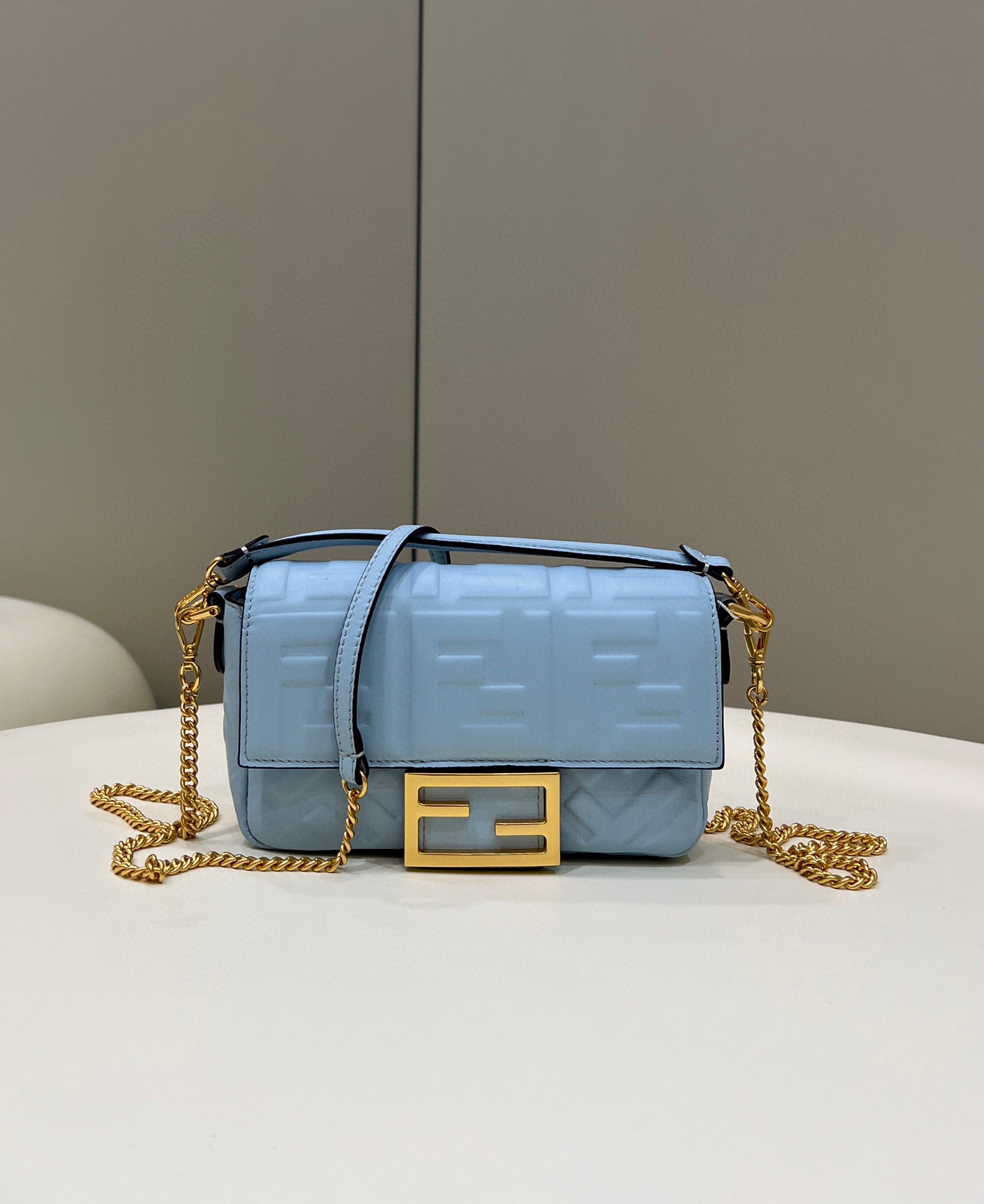 Fendi Mini Baguette Nappa Leather 3D-effect FF Shoulder Bag Light Blue